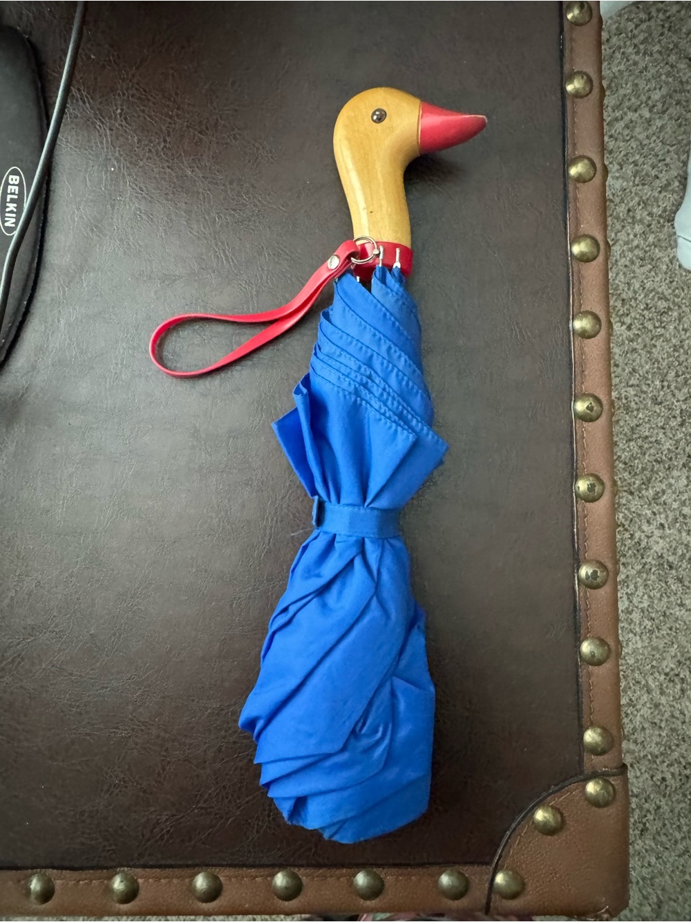 Blue Duck-Head Wooden Handle Umbrella with Red Strap